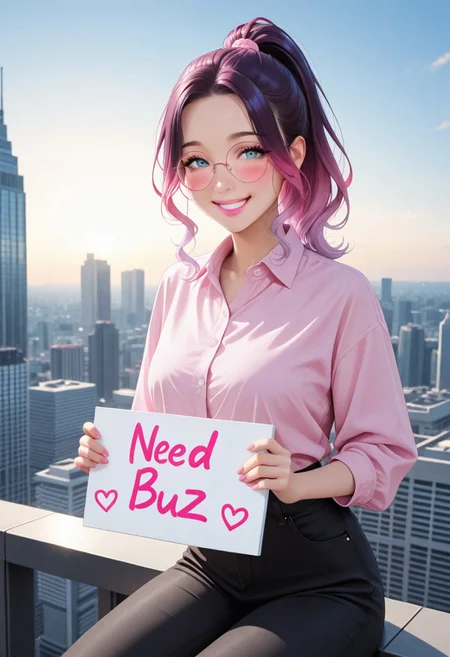 Expressiveh, ultra-detailed, 8K, half realistic, natural light, detailed face, detailed hair, sunny sky, (need_buzz:1.2), holding sign, 1girl, kawaii, cute face, round glasses, (gradient hair,multicolored hair, purple-pink hair, ponytail), cute makeup, pink lipstick, blue eyes, beautiful face, formal shirt and pants, blushing, smiling, sitting on skyscraper, side