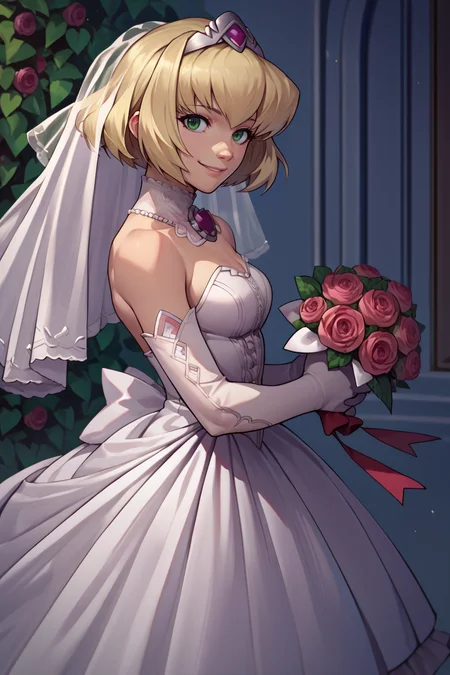 score_9, score_8_up, score_7_up, score_6_up, source_anime, 1girl, solo, <lora:xfalexia-pdxl-nvwls-v1-000005:1> fenAlexia, short hair, blonde hair, hair ornament, wedding dress, long dress, frills, elbow gloves, smile, holding bouquet of roses, from side, looking at you