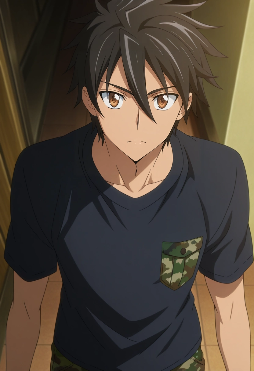 masterpiece, best quality, intricate details, anime screencap, anime coloring, official style, looking at viewer, 1boy, solo, male focus, <lora:takashi_komuro_ilxl:1>, takashi_komuro, black hair, brown eyes, short hair, hair between eyes, , Stretch chinos, Camouflage DeepPlum Pocket T-shirt, Oxfords, ,