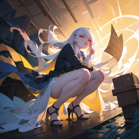highly detailed, 8k, masterpiece, 1girl, Two-tone absurdly long hair, dress , , (perfect_face), detailed_background, full_body, bloom,(beautiful lighting:1.3), caustics, dynamic lighting, dutch angle, squatting <lora:pastelStyleV5-mini:1.0>