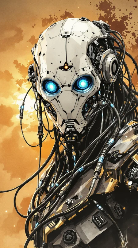 A bold inkplash-meets-watercolor wash artwork, expertly painted on rice paper using rich sepia, burnt henna, and ink-black hues. a high-end battle android with white faceplate, glowing blue optical sensors, chrome wires and glowing lights and circuitry, in the style of Sauron from Lord of the Rings, robot joints and cables, sunset, silhouetted, chiascuro, dark sci-fi background