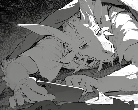 monochrome,greyscale,(traditional media:0.7),(graphite \(medium\):0.8),hatching \(texture\),portrait,
blue eyes,empty eyes,narrowed eye,
expressionless,
indoors,shadows,harsh lighting,exhausted,bags under eyes,despair,gloomy,black background,dark,lying,covering with blanket,looking at phone,1arm,
<lora:MIZUTSUNE-ILL-ADAM-V3-000018>,mizu,(dragon boy:0.9),(1boy:1.4),(furry:1.1),white shirt,yellow nose,(xilmo:0.7),
(((masterpiece, best quality, amazing quality, very aesthetic,highres, absurdres))),newest,very awa,highres,
<lora:lookback-noob10-v2-000030:1.1>,