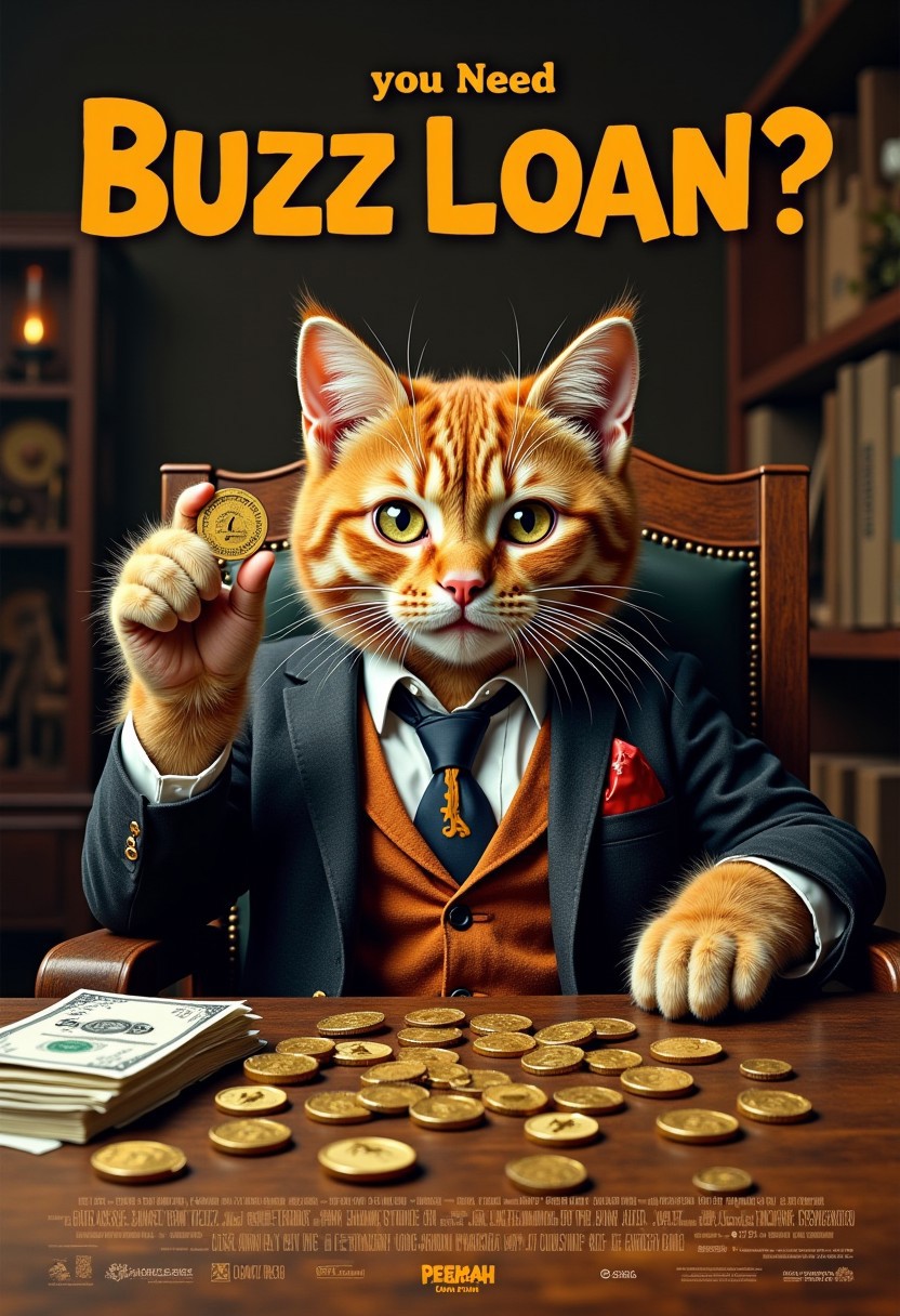 a realistic picture,((((Display the text " you need buzz loan??" on top a movie poster))))
Movie poster of orange cat mafia, the orange cat sitting in chair, wearing luxurious bussines suit, hand offer BUZZ COIN,( the usual stacks of cash  Instead, the shelves are lined with small, neatly arranged coins, each shaped like a tiny, stylized orange lightning bolt. The coins are labeled as "Buzz." ))8k, ultra detailed, at the market, <lora:cashbaba:0.6>  <lora:xl_more_art-full_v1:0.5> I  background:  logo:1.9 <lora:Harrlogos_v2.0:1.9>, (full body shots),