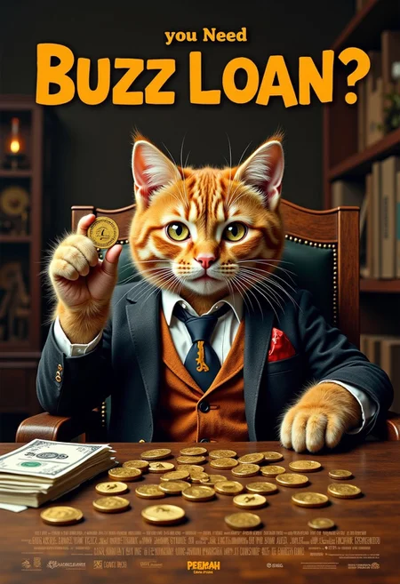 a realistic picture,((((Display the text " you need buzz loan??" on top a movie poster))))
Movie poster of orange cat mafia, the orange cat sitting in chair, wearing luxurious bussines suit, hand offer BUZZ COIN,( the usual stacks of cash Instead, the shelves are lined with small, neatly arranged coins, each shaped like a tiny, stylized orange lightning bolt. The coins are labeled as "Buzz." ))8k, ultra detailed, at the market, <lora:cashbaba:0.6> <lora:xl_more_art-full_v1:0.5> I background: logo:1.9 <lora:Harrlogos_v2.0:1.9>, (full body shots),