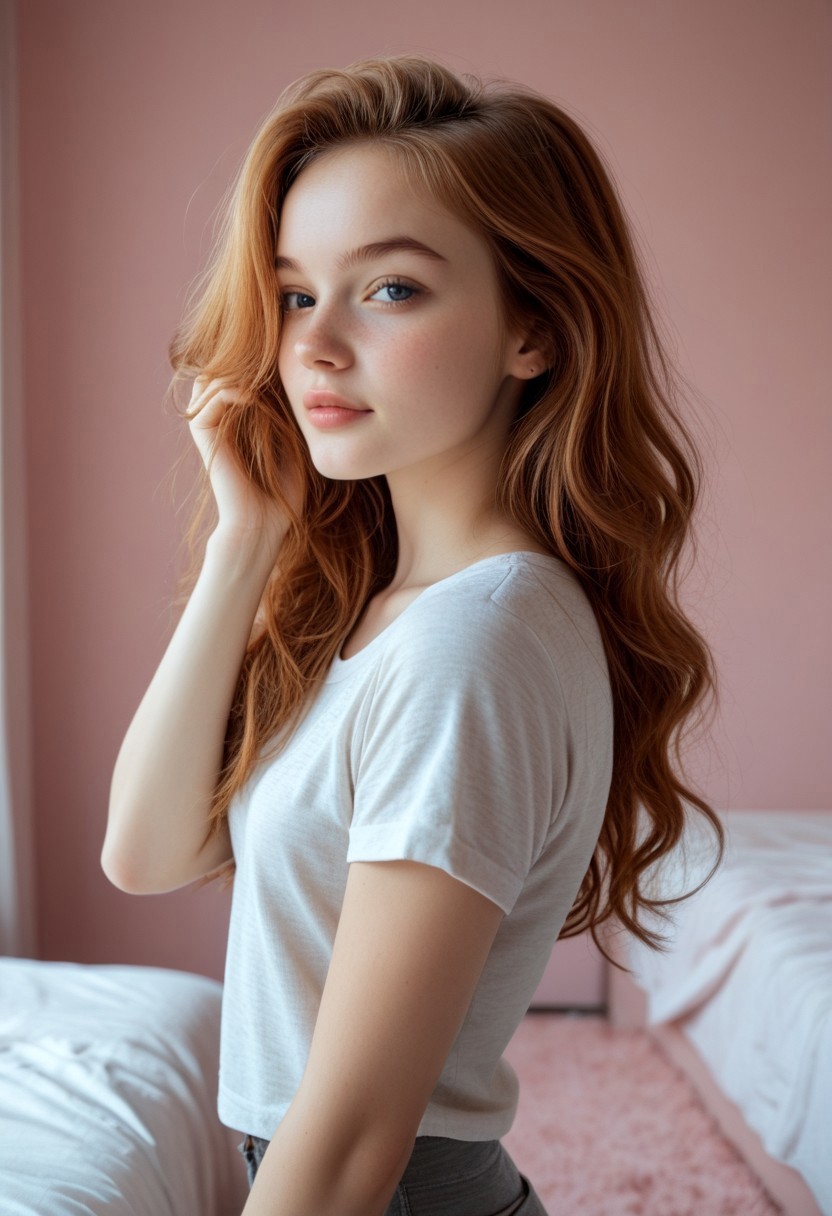 safe_pos, (((score_9, score_8_up, score_7_up))), ((( highly detailed, masterpiece, perfect, detailed, hd, pretty, medium breasts, perfect body)))
,
(( Alinamb, freckles, ginger hair, wavy hair, grey t-shirt, pants))
,
((( 1girl, solo,)))
,
((( Posing with hand in hair, looking on viewer over shoulder, flirty gaze)))
,
((( Girl's Bedroom, indoors, pink walls  ))) 
,
((( Best side view )))
,
(( ))
,
((( )))
,
()
