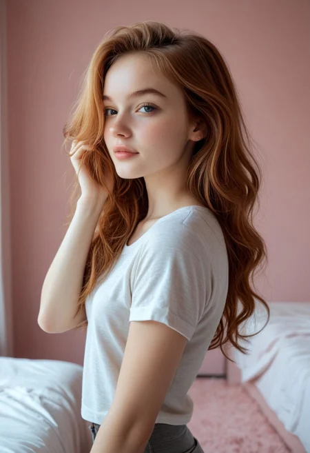 safe_pos, (((score_9, score_8_up, score_7_up))), ((( highly detailed, masterpiece, perfect, detailed, hd, pretty, medium breasts, perfect body)))
,
(( Alinamb, freckles, ginger hair, wavy hair, grey t-shirt, pants))
,
((( 1girl, solo,)))
,
((( Posing with hand in hair, looking on viewer over shoulder, flirty gaze)))
,
((( Girl's Bedroom, indoors, pink walls )))
,
((( Best side view )))
,
(( ))
,
((( )))
,
()