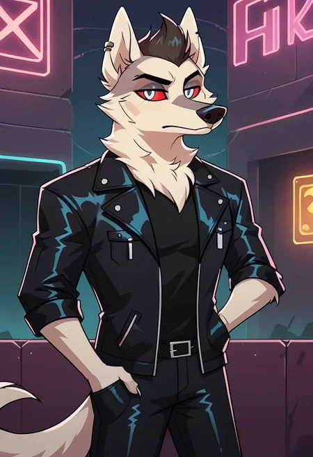 SCORE_9, SCORE_8_UP, SOURCE_FURRY, BREAK, SOLO, HOUNDSONA, SILVER EYES, RED SCLERA, MALE, FURRY, BUILT, SLICKED HAIR, WHITE FUR, LEATHER COAT, BAGGY PANTS, SOFT TAIL, BREAK, DARK ROOM, NEON LIGHTS, HIGH RESOLUTION, VIVID TEXTURES, DETAILED PUPILS