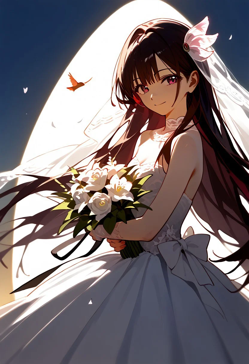 score_9, score_8_up, score_7_up, score_6_up, score_5_up, score_4_up, source_anime, masterpiece, volumetric lighting, vibrant colors, source_anime, perfectly detailed face and body and eye, 1girl, solo, long hair, ctiankisa, carrying a bouquet of violet and white flowers, light smile, lace, looking at viewer, bare shoulders, smile, sleeveless, lace choker, white wedding dress, strapless dress, lace trim, white lace bracers, closed mouth, standing on a stage, wedding ceremony, garden view, colorful birds flying in the background, traditional media, <lora:add-detail-xl:0.4>, perfect hand, warm exterior lighting, subtle shadows, soft, cinematic, compelling composition, storytelling elements, conveys emotion, mood, and narrative depth, <lora:naipony_v3:1>