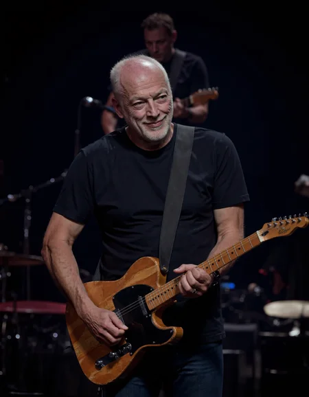 <lora:DAVID_GILMOUR:1>, The image is a photograph featuring a middle-aged man with a bald head and a short white beard. He is captured mid-song, with a slight smile and a relaxed expression. The man is wearing a plain, dark-colored t-shirt and has a strap of a guitar slung over his shoulder. The guitar, which he is holding, is a wooden electric guitar with a sleek finish and visible frets. The background is dark and out of focus, likely indicating that the photograph was taken at a live concert or performance setting. The lighting is focused on the subject, highlighting his face and the guitar, while the rest of the scene remains dim. The man's eyes are looking slightly to his left, adding a sense of depth and engagement to the image. The photograph captures the moment of performance, emphasizing the musician's connection with his instrument and the audience. The overall mood is one of relaxed, joyful engagement with the music.
