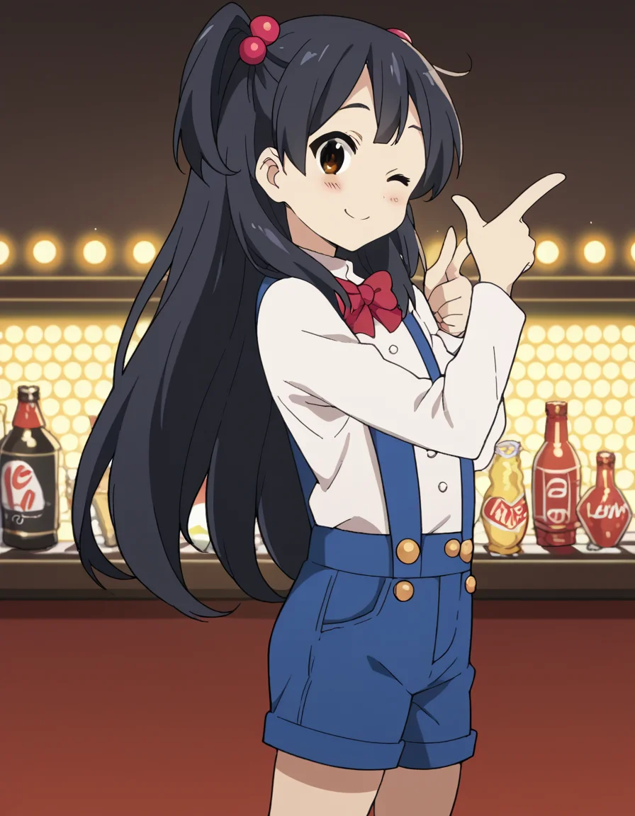 score_9, score_8_up, score_7_up, source_anime, <lora:anko-kitashirakawa-s1-ponyxl-lora-nochekaiser:1>, anko kitashirakawa, long hair, black hair, hair ornament, brown eyes, one side up, hair bobbles,, suspenders, shirt, white shirt, bowtie, red bowtie, buttons, shorts, blue shorts,, casino, games, lights, chips, luck, , <lora:double-finger-gun-ponyxl-lora-nochekaiser:1>, double finger gun,, blush, smile, one eye closed, from side, looking at viewer, solo,, dutch angle, cowboy shot