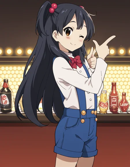 score_9, score_8_up, score_7_up, source_anime, <lora:anko-kitashirakawa-s1-ponyxl-lora-nochekaiser:1>, anko kitashirakawa, long hair, black hair, hair ornament, brown eyes, one side up, hair bobbles,, suspenders, shirt, white shirt, bowtie, red bowtie, buttons, shorts, blue shorts,, casino, games, lights, chips, luck, , <lora:double-finger-gun-ponyxl-lora-nochekaiser:1>, double finger gun,, blush, smile, one eye closed, from side, looking at viewer, solo,, dutch angle, cowboy shot