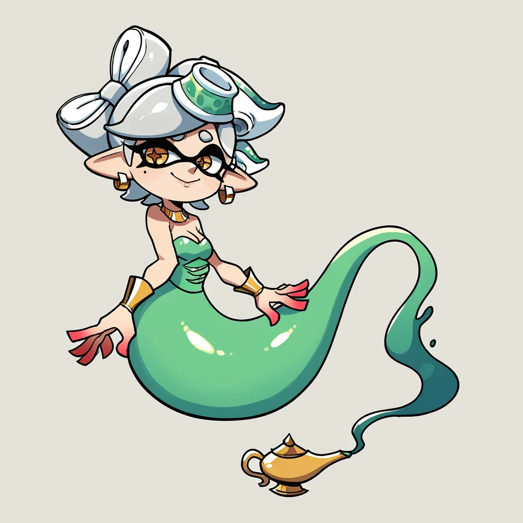 score_9, score_8_up, score_7_up, score_6_up, score_5_up, score_4_up, zPDXL2,source_anime,rating_questionable, 1girl, solo, simple background, marie_(splatoon) ,<lora:Genie_-_V2:0.8>, g3nie, genie tail, genie lamp, smile