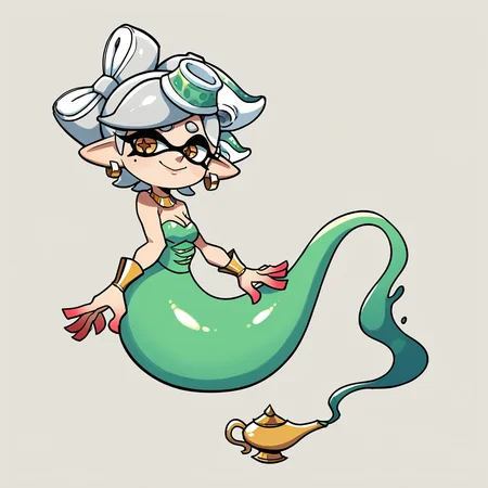 score_9, score_8_up, score_7_up, score_6_up, score_5_up, score_4_up, zPDXL2,source_anime,rating_questionable, 1girl, solo, simple background, marie_(splatoon)  ,<lora:Genie_-_V2:0.8>, g3nie, genie tail, genie lamp, smile