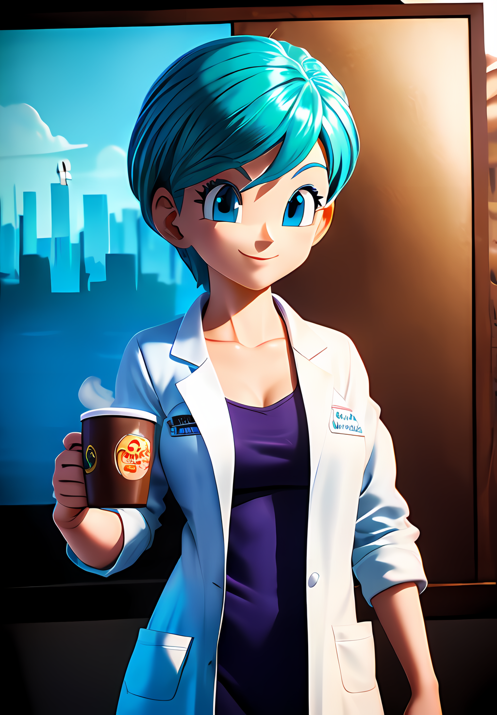 (Photo:1.3), highdetail, <lora:Bulma:0.8>, Bulma, 1girl, solo, labcoat, coffee mug, portrait, smile, (acclaimed, alluring, captivating, exciting, gorgeous, striking:1.3), (trending on artstation:1.3)