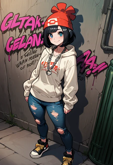 masterpiece, best quality, 1girl, solo, eyelashes, (beautiful eyes), narrow waist, smile, zzSelene, black hair, short hair, C0utur3Cr4z3, 1girl, solo, oversized hoodie, distressed jeans, chunky sneakers, statement chain necklace, beanie, graffiti alley, urban vibe â Selene stands confidently in a graffiti-covered alley, exuding bold streetwear energy. Her oversized hoodie with bold graphic prints sways as she moves, while distressed jeans and chunky sneakers give her look an effortless edge. A statement chain necklace glints against the dark backdrop, and a beanie sits atop her short black hair. The alley's vibrant graffiti adds color to the scene, highlighting her urban style. <lora:SelenePokemon_NAI:1.0>,