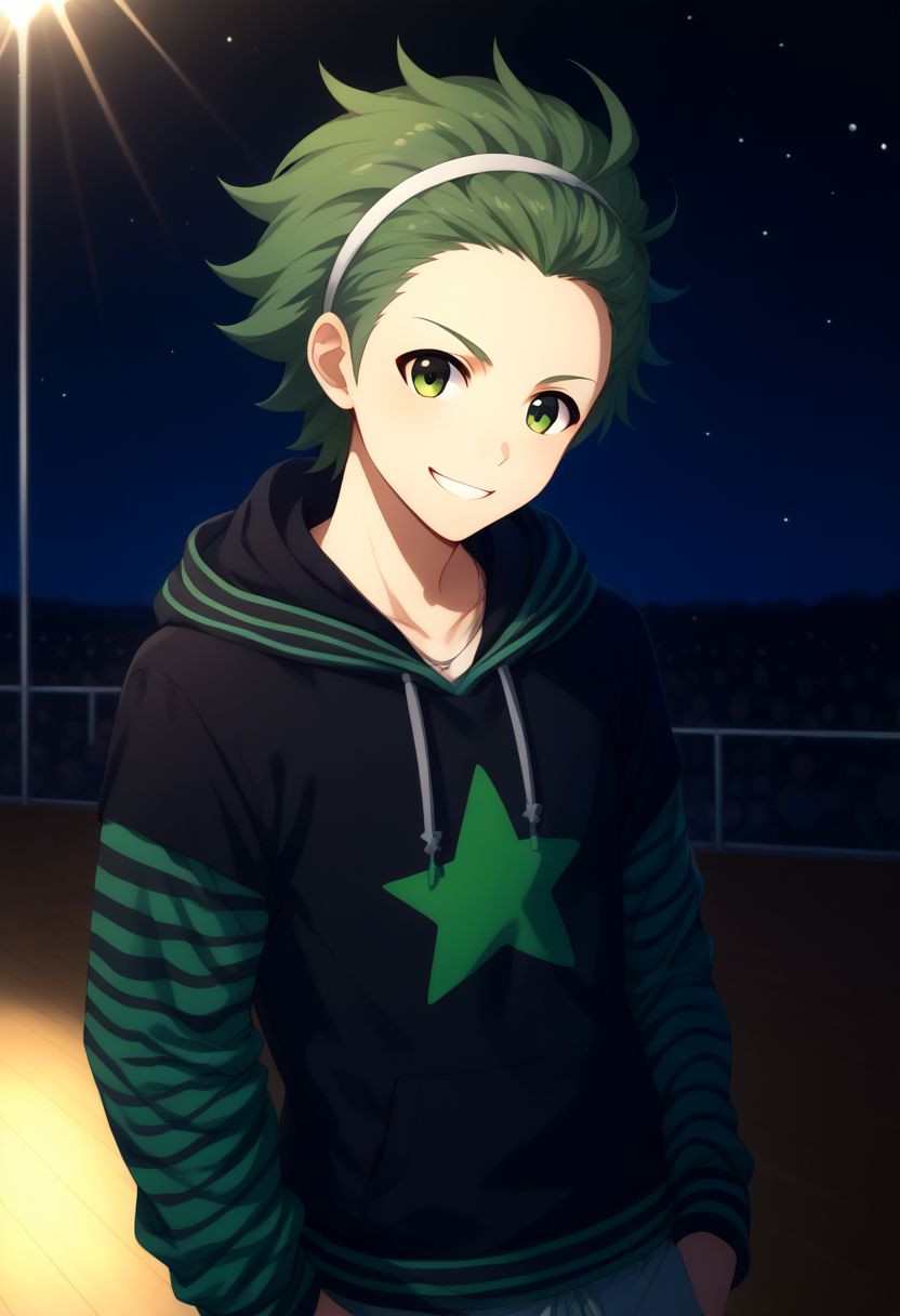 score_9, score_8_up, score_7_up, source_anime, highly detailed, 
mitarai, male focus, 1boy, solo, green hair, green eyes, smile, hoodie, hood, hairband, star (symbol), badge, striped, layered sleeves, long sleeves, stripes,
pink blackground, stars (symbol), lights,  stage,
