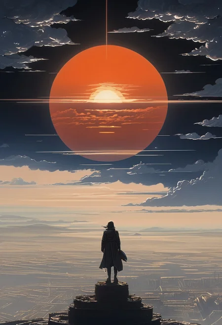 DB4RZ style painting,DB4RZ style painting,(in Otomo Katsuhiro style:1.2), with glowing red eyes zooms through the vast expanse of space. The sun sets behind it, casting an orange glow on the horizon. In the distance, Cosy, (elaborate fine details:1.1), (hyperdetailed:1.1), (intricate details:1.0), (Refined details:1.1), (best quality:1.1), (high resolution:1.2), <lora:FLUX\Anime v1.3:0.6> <lora:FLUX\Elden_Ring_-_Yoshitaka_Amano:0.5> <lora:FLUX\RetroAnimeFluxV1:0.4> <lora:FLUX\Comic book V2:0.8> <lora:FLUX\PrismaticPersona:0.7>view from behind through the tighs, butt focus, rear view, rearview of a woman in skintight leggings, Color-grain Summer scene of a awesome scenery an otherwordly super shot, a view like every hiker would dream of and a giant stargate swirling Like a Spiral into Infinity black billowing Clouds above, veiled in a DARK robe resembling a jedi, very detailed, sunrise behind fluffy Clouds with extrem volumetric lighting backdrop, atmospheric haze, Film grain, cinematic film still, shallow depth of field, highly detailed, high budget, cinemascope, moody, epic,