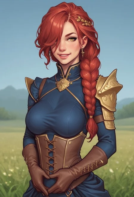 1girl, illustration, looking at viewer, highly detailed, from front, 1girl, illustration, looking at viewer, highly detailed, source_comic_illustrationskinny, looking at viewer, 1girl, masterpiece, best quality, Her , full body portrait, 1girl, <lora:agrias-nvwls-v3:1> agrias, armor, corset, blue dress, brown gloves, weapon, cross-laced boots, looking at viewer, sidelocks, braided ponytail, yellow eyes, Romance, sci-fi, artificial intelligence, highly detailed
BREAK
slight smile, looking at viewer,
BREAK
long hair, red hair, hair over one eye, big hair,
BREAK
best quality, depth of field, bokeh, (((full clothed))) (best quality, high detail), ((masterpiece)), <lora:1_ino_20e:1>
BREAK
((((field, farm)))) score_9, score_8_up, score_7_up, score_6_up, source_cartoon, rating_explicit, Expressiveh, (((((upper body))))), dynamic pose