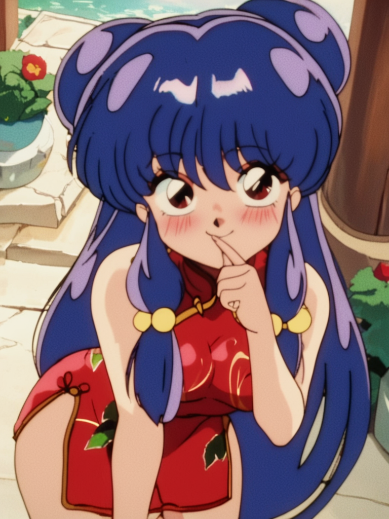 score_9, score_8_up, score_7_up, 1girl leaning forward, finger to mouth, garden, japanese temple, from above, front, squeezed, solo focus, looking at viewer, nervous smile, blush, naughty face, cowboy shot, (dynamic pose:1.1), cute, nsfw, medium breasts, thick thighs, sexy pose, open legs, embarrassed, from side, round ass, 
<lora:ShampooXLP_character:1> ShampooXLP, long hair, purple hair, double bun, bangs, hair ornament, hair bell, sidelocks, red eyes, anime screencap, retro artstyle, red china dress,, retro artstyle, anime screencap, shampoo \(ranma 1/2\),