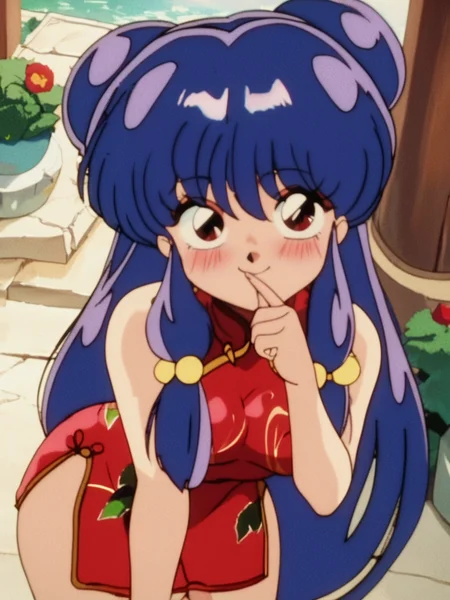 score_9, score_8_up, score_7_up, 1girl leaning forward, finger to mouth, garden, japanese temple, from above, front, squeezed, solo focus, looking at viewer, nervous smile, blush, naughty face, cowboy shot, (dynamic pose:1.1), cute, nsfw, medium breasts, thick thighs, sexy pose, open legs, embarrassed, from side, round ass,
<lora:ShampooXLP_character:1> ShampooXLP, long hair, purple hair, double bun, bangs, hair ornament, hair bell, sidelocks, red eyes, anime screencap, retro artstyle, red china dress,, retro artstyle, anime screencap, shampoo \(ranma 1/2\),