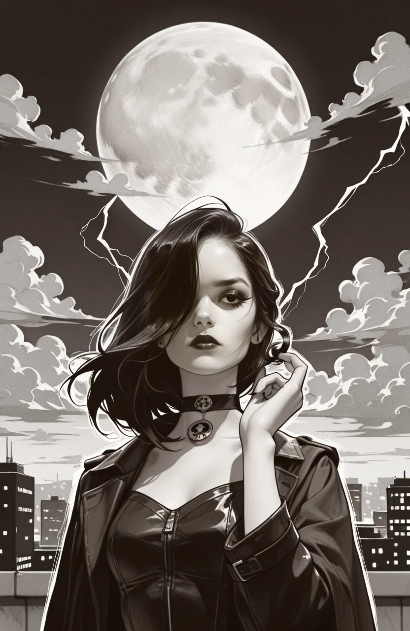 pencil sketch,pencil drawing,monochrome,sketch BREAK anime-style,masterpiece,1girl,gothic woman character,powerful stance,long black hair,sidelocks,hair over one eye,black eyes,smoky eyeshadow,black lips,dark makeup,black choker,wearing a structured,dark trench coat. She stands on a rooftop,silhouetted against a full moon partially hidden by (dramatic, swirling storm clouds:1.5). Bolts of distant lightning subtly illuminate the edges of the clouds. The moonlight struggles to break through,creating high contrast. Urban cityscape in the background. (upper body shot:1.2),moody atmosphere,striking visual,commercial art,dynamic sky.,
BREAK.,<lora:Sketch:1>,sketch,pencil drawing,monochrome,outline,