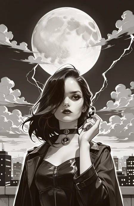 pencil sketch,pencil drawing,monochrome,sketch BREAK anime-style,masterpiece,1girl,gothic woman character,powerful stance,long black hair,sidelocks,hair over one eye,black eyes,smoky eyeshadow,black lips,dark makeup,black choker,wearing a structured,dark trench coat. She stands on a rooftop,silhouetted against a full moon partially hidden by (dramatic, swirling storm clouds:1.5). Bolts of distant lightning subtly illuminate the edges of the clouds. The moonlight struggles to break through,creating high contrast. Urban cityscape in the background. (upper body shot:1.2),moody atmosphere,striking visual,commercial art,dynamic sky.,
BREAK.,<lora:Sketch:1>,sketch,pencil drawing,monochrome,outline,