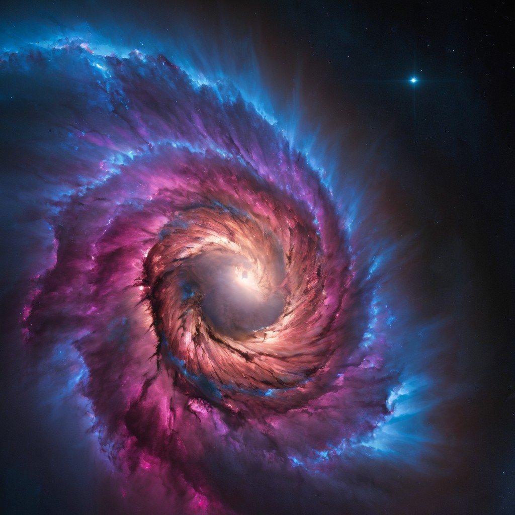 a dynamic and breathtaking image of the universe with vibrant colors and dramatic lighting. Show a swirling nebula in the foreground with bright, intense hues of blue, purple, and pink. In the background, depict a distant galaxy with spiraling arms and scattered stars. Include a supernova explosion, radiating brilliant light, and a mesmerizing black hole at the center, with cosmic debris swirling around it. Add a hint of distant planets and asteroids to create a sense of scale and depth. Make the entire scene feel alive and constantly in motion.