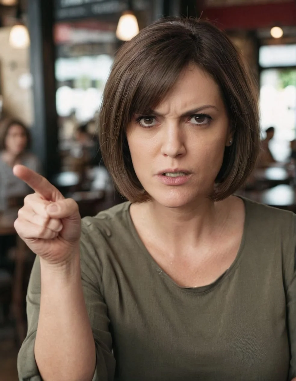 cinematic photo of a 40 year old woman with an angry expression on her face <lora:angryXL:0.9> with a bob hair cut pointing at something in a coffee shop,
35mm photograph, film, professional, 4k, highly detailed