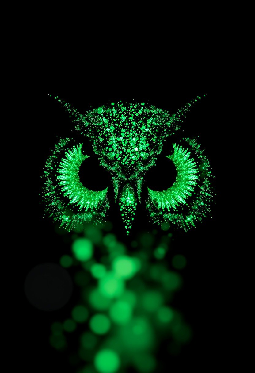 Minimalistic particle silhouette of an owl face close-up, composed of glowing green particles and digital noise. Simple and elegant, designed for icon-style usage. Soft glow dispersed light particles, subtle pixelation, and a smooth black background. High contrast, clean edges, and abstract form