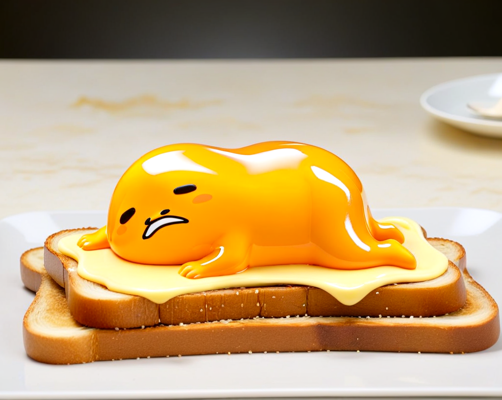 gudetama laying down on a piece of toast,
<lora:gudetama-sdxl-v1:1>,