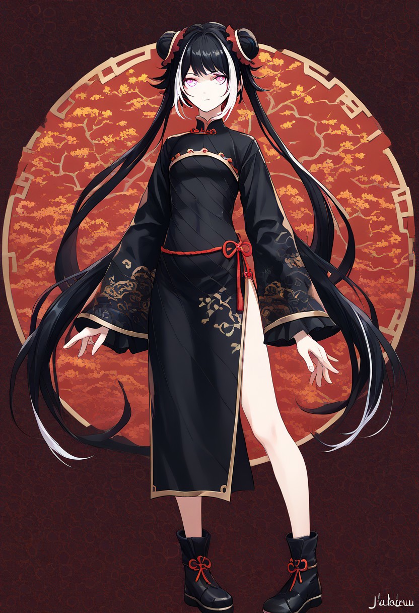 score_9, score_8_up, score_7_up, score_6_up, score_5_up, score_4_up, source_anime, solo, 1girl, 
JiaXichunLimbus, long hair, twintails, multicolored hair, black hair, white hair, double bun, pink eyes, chinese clothes, black clothes, black footwear, china dress, 
masterpiece, best quality, very aesthetic, absurdres,