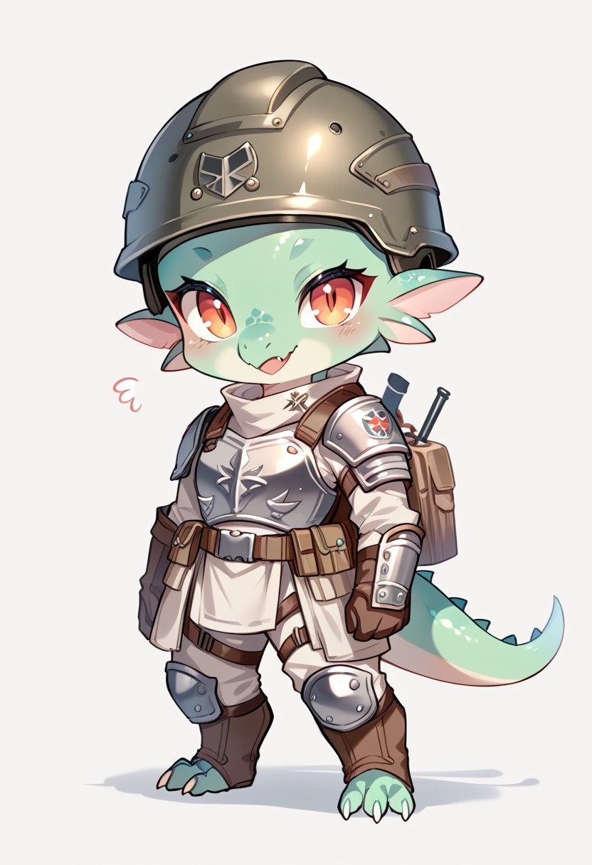 score_9, score_8_up, score_7_up, source_cartoon, cute chibi kobold, chibi body, body armor, combat gloves, combat helmet, looking at viewer,  SomSom Style