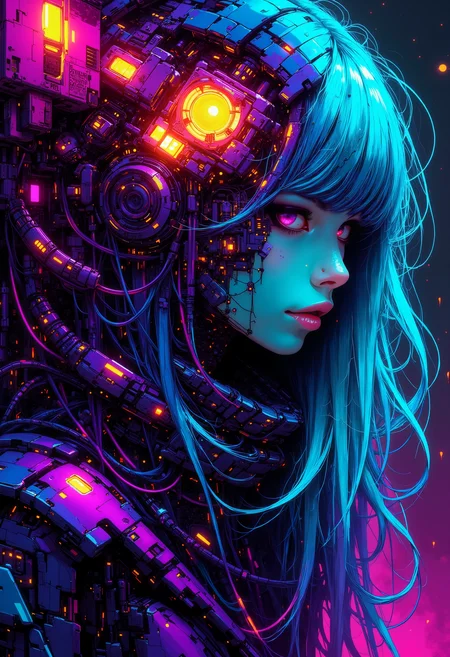 A digital cyberpunk art splash in the style of bo-cyborgsplash, a surreal and artistic representation of a female figure with a surreal head, surrounded by glowing cubes and mystical elements, fantastic abstract colorful art splash, high quality, ultra detailed.<lora:boFLUX Cyborgsplash.safetensors:1.0:1.0>