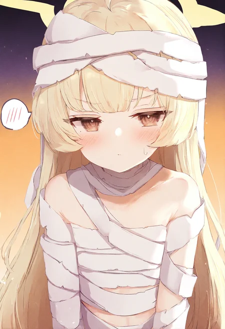 <lora:flash1_noob1.1-000072:1>,
1girl, blonde hair, blush, solo, ahoge, spoken blush, halo, long hair, looking at viewer, mummy costume, bandages, upper body, closed mouth, halloween costume, brown eyes, yellow halo, bandaged arm, halloween, gradient background, sweatdrop,
masterpiece,best quality,newest,absurdres,highres,very awa,