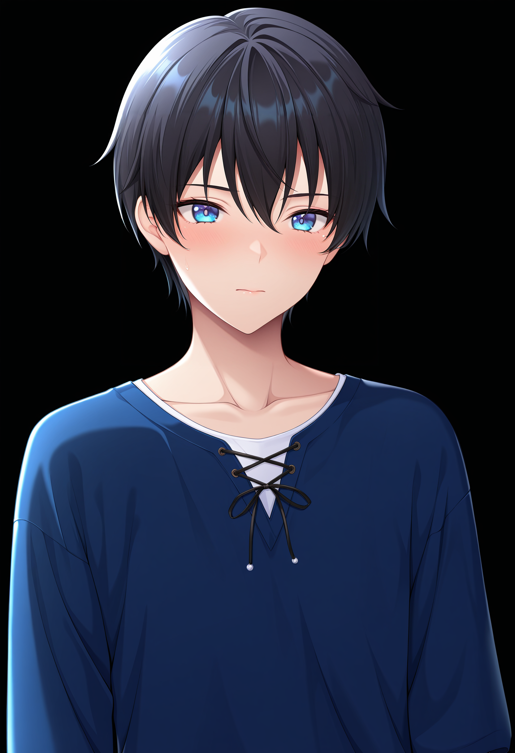 masterpiece, absurdres,amazing quality, best quality, extremely detailed, detailed background, <lora:character_cg:1>,(1boy:1.4), casual outfit, black hair, blue eyes ,character cg, upper body cg, black background