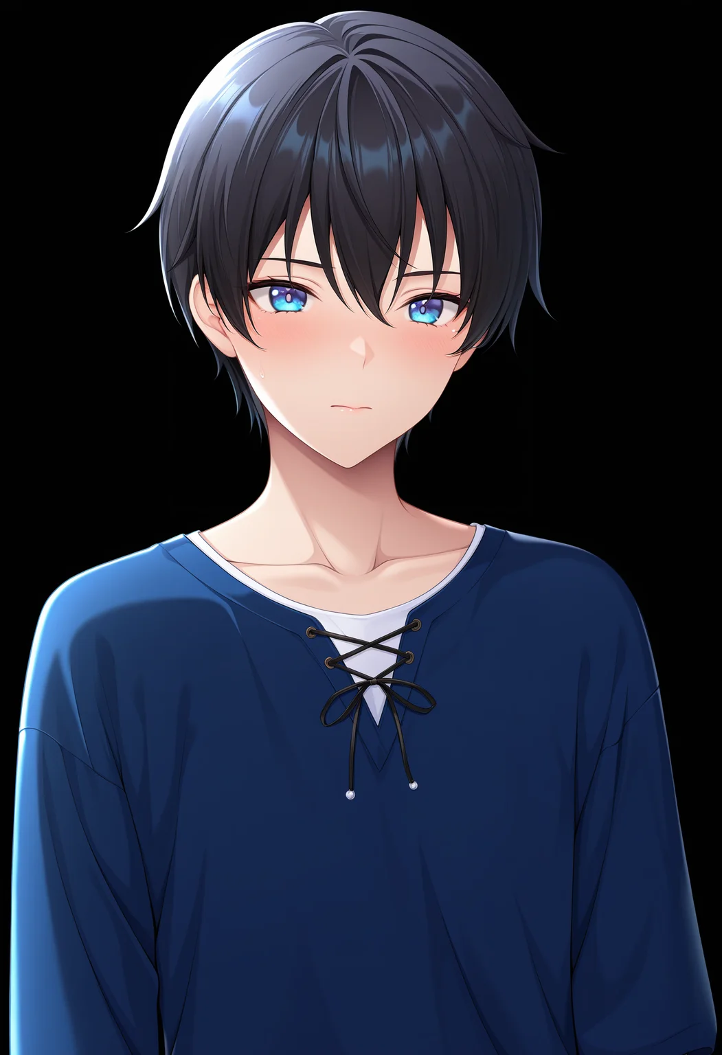 masterpiece, absurdres,amazing quality, best quality, extremely detailed, detailed background, <lora:character_cg:1>,(1boy:1.4), casual outfit, black hair, blue eyes ,character cg, upper body cg, black background