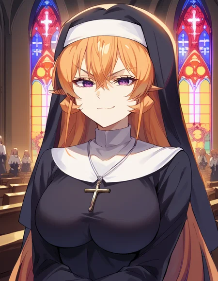 score_9, score_8_up, score_7_up, source_anime, <lora:erina-nakiri-s1-ponyxl-lora-nochekaiser:1>, erina nakiri, long hair, orange hair, purple eyes, hair between eyes, large breasts, <lora:traditional-nun-ponyxl-lora-nochekaiser:1>, traditional nun, nun, habit, long sleeves, dress, black dress, jewelry, black veil, cross, cross necklace,, church, smug, praying,, cowboy shot
