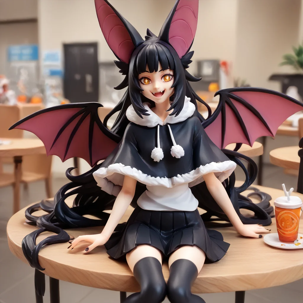 score_9, score_8_up, score_7_up, score_6_up, Figure,
Moriko, bat ears, very long black hair, black nails, yellow eyes, white pupils, solo,
black capelet, white short sleeve shirt, fur trim, black pleated skirt, black thighhighs,
happy, sitting in a restaurant,
<lora:Anime_Figure_P1:1> <lora:moriko_kyoho_ponyxl_v0.6:1>