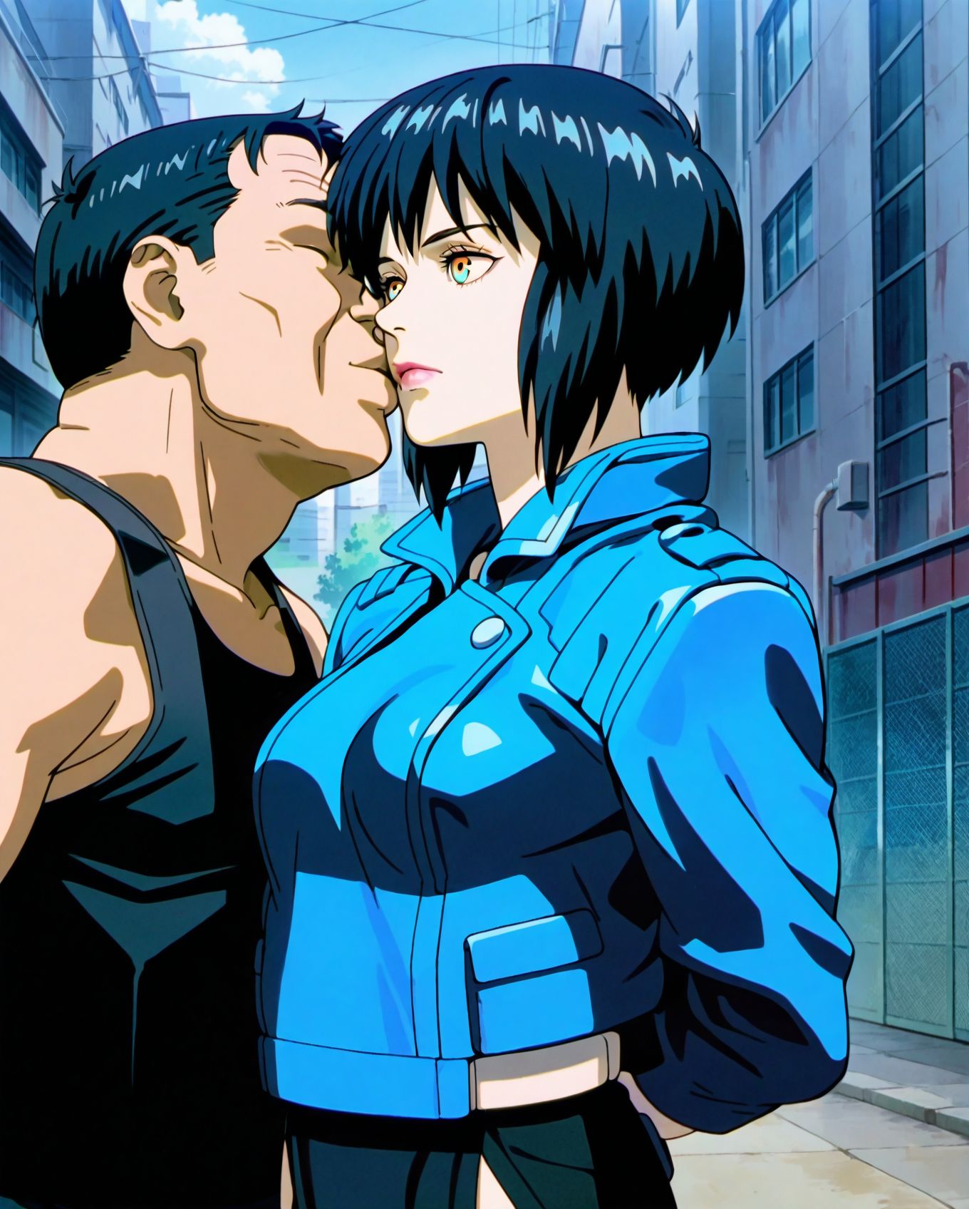 <lora:add-detail-xl:0.5>,,masterpiece,best quality,anime coloring,anime screenshot,
<lora:Female_Android:1>Female_AndroidV1,
1girl,1boy,hetero,lips, open eyes,closed mouth, 
kiss,expressionless, Female Android, standing, 
Female Humanoid Robot,arms behind back, 
outdoors, 
fatman,ugly man, faceless male, 
m0t0k0,  short hair, black hair,
ghost in the shell, official art, 
kusanagi motoko, 
<lora:MotokoIllus10:0.7>
20YO, milf,