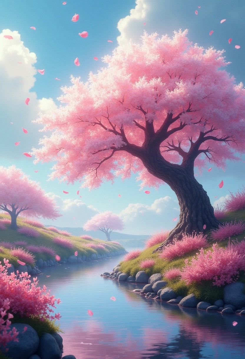 A whimsical breeze sweeps delicate petals and shimmering ribbons of ink and light across a surreal landscape, a shimmering white and pink  sakura cherry  tree. The scene unfolds in wide-angle, revealing fine patterns of a small river and refracts the vivid hues of the fantastic landscape. The sky is painted with gradients of color, while the invisible fingers of the wind brush the boundaries of reality, blurring the line between the tangible and the imaginary. The tree is a cherry  tree, transformed into a beacon of impossible magic, its white and pink petals tinkling like wind chimes in the enchanted breeze. Throughout the composition, shimmering contours trace the shapes of each element, lending a sense of ethereal definition to the dreamlike tableau. This whimsical and precise scene evokes the surrealist style of Vladimir Kush, combined with the luminous quality of James Gurney's imaginative realism and intricate details reminiscent of Yayoi Kusama's obsessive patterns.