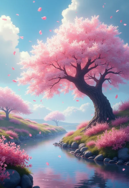 A whimsical breeze sweeps delicate petals and shimmering ribbons of ink and light across a surreal landscape, a shimmering white and pink sakura cherry tree. The scene unfolds in wide-angle, revealing fine patterns of a small river and refracts the vivid hues of the fantastic landscape. The sky is painted with gradients of color, while the invisible fingers of the wind brush the boundaries of reality, blurring the line between the tangible and the imaginary. The tree is a cherry tree, transformed into a beacon of impossible magic, its white and pink petals tinkling like wind chimes in the enchanted breeze. Throughout the composition, shimmering contours trace the shapes of each element, lending a sense of ethereal definition to the dreamlike tableau. This whimsical and precise scene evokes the surrealist style of Vladimir Kush, combined with the luminous quality of James Gurney's imaginative realism and intricate details reminiscent of Yayoi Kusama's obsessive patterns.