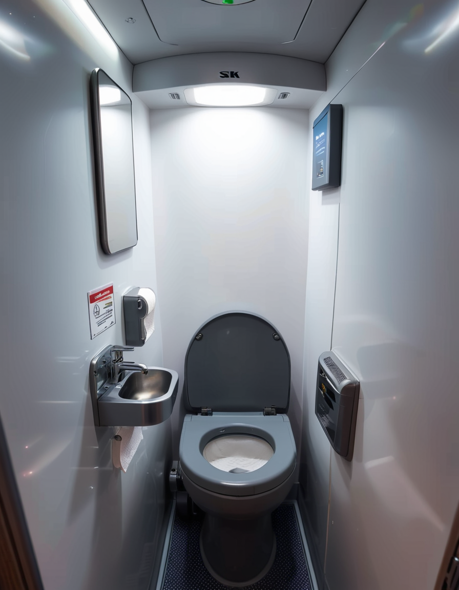 A highly detailed and realistic photograph of an airplane lavatory. The small, compact space features light gray plastic walls with subtle texture, a stainless-steel sink with a motion-sensor faucet, and a mirror reflecting the narrow interior. The toilet is sleek, with a closed lid and a small instruction sticker on top. A soft, dim overhead light illuminates the space, creating a sterile yet functional atmosphere. On the side, a dispenser for paper towels and a built-in trash compartment are visible. The door has a small lock mechanism and an 'Occupied' sign. The floor is dark, non-slip material, and there are small signs with safety instructions in multiple languages. The perspective is slightly wide-angle, capturing the entire space from a slightly tilted angle, emphasizing the compact design. 
<lora:SDXLFaeTastic2400:0.4> <lora:extremely_detailed:0.4> extremely detailed,<lora:airplane_l4v4t0ry:1>,airplane l4v4t0ry, Masterpiece,best quality,hi res,8k,hi res,8k,award winning,(sharp focus, intricate, highly detailed),