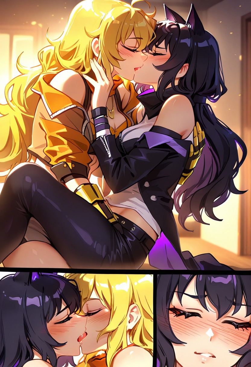 2girls, yuri
Yang xiao long,  blake belladonna,  kissing,  blush, clothed,
BREAK,  
masterpiece, extremely aesthetic, highly detailed, dynamic composition, vibrant colors, vivid colors, saturated, UHD, 8k,