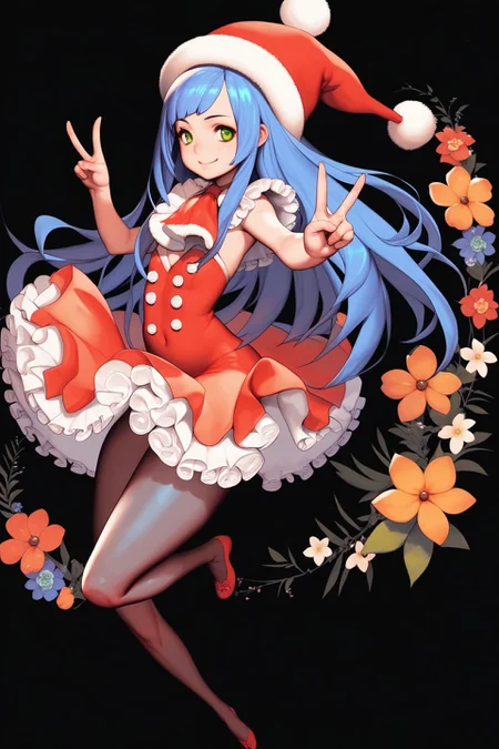 score_9, score_8_up, score_7_up, 1girl, jumping, looking away, kind smile, dark_blue hair, baby_bangs, pompadour, light_green eyes, flat chest, pale skin, santa dress, sheer, lace, frills, ribbon, ascot, lace pantyhose, Billy_Buttons \(flower\), floral background, double_v, black background, night <lora:destiny_c_PonyXL_style_v02.07.01.10.05:1>