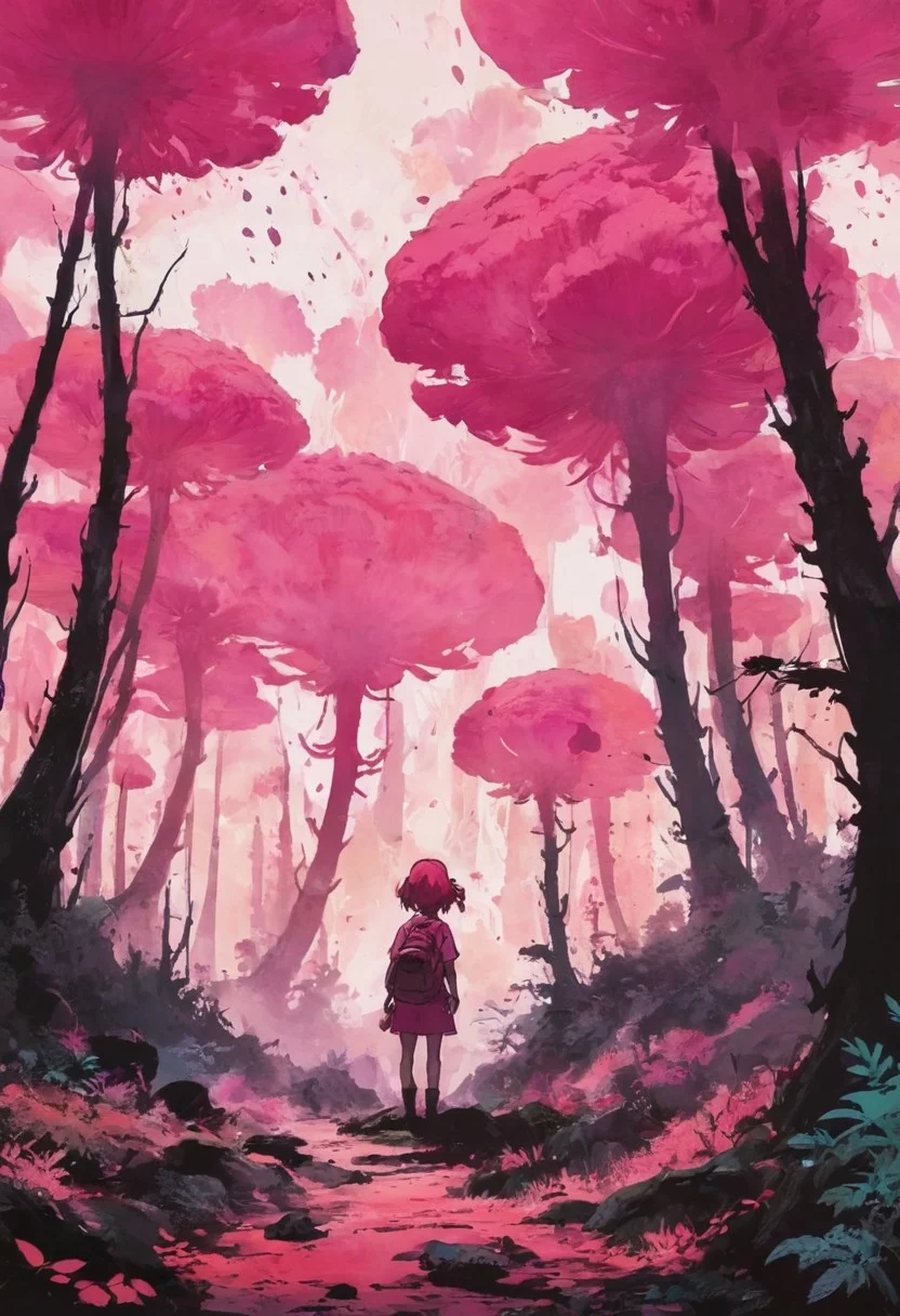 Studio Ghibli style, Nausicaä silhouette, backdrop of spore forest, eruptions of chromatic ink, fuchsia splashes, muted shades disrupted by vibrant saturation, 
[betterandrich::0.0],