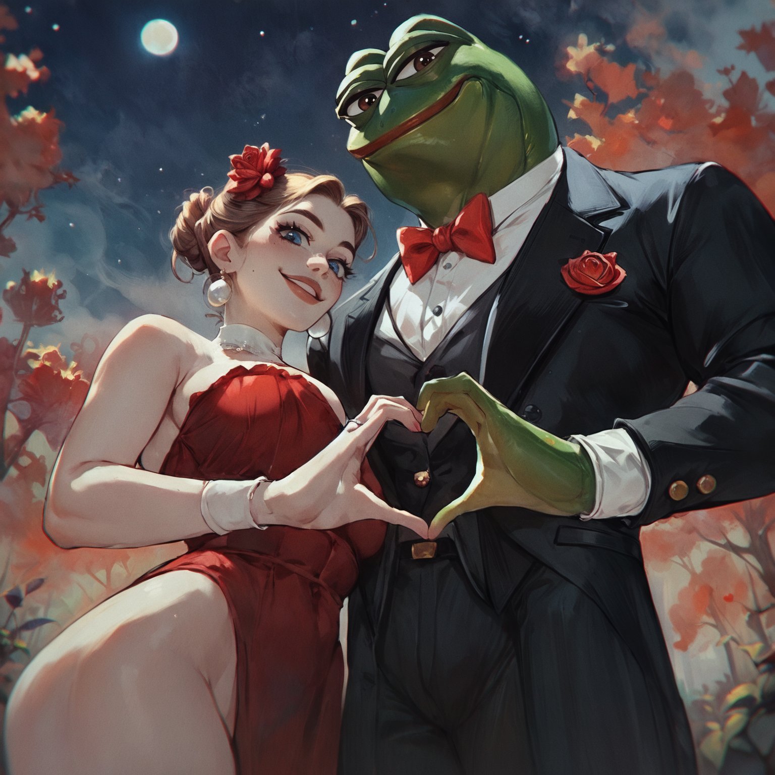 score_9, score_8_up, score_7_up
face portrait
low angle
(pepe the frog:1.3) frog male grab her breast (2girls:1.3) group girls around, mafia suit, tuxedo  (sit in big red chair:1.2) in the (swamp:1.2)
<lora:ponydiffusionv6_pepethefrog:1>  <lora:AwyHandHeartXL:0.8> heart shaped hands
outdoors Digital Art night, night sky <lora:Concept Art Twilight Style SDXL_LoRA_Pony Diffusion V6 XL:1>