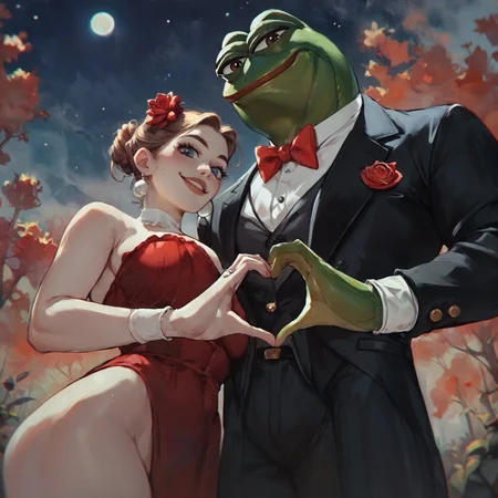 score_9, score_8_up, score_7_up
face portrait
low angle
(pepe the frog:1.3) frog male grab her breast (2girls:1.3) group girls around, mafia suit, tuxedo (sit in big red chair:1.2) in the (swamp:1.2)
<lora:ponydiffusionv6_pepethefrog:1> <lora:AwyHandHeartXL:0.8> heart shaped hands
outdoors Digital Art night, night sky <lora:Concept Art Twilight Style SDXL_LoRA_Pony Diffusion V6 XL:1>
