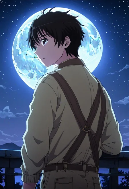 high resolution, solo, best quality, 1Boy, Inaho Kaizuka, Black Hair, Brown Eyes, depth of field, moon, fantastic night, dreamlike, midle of bridge, OverallDetail