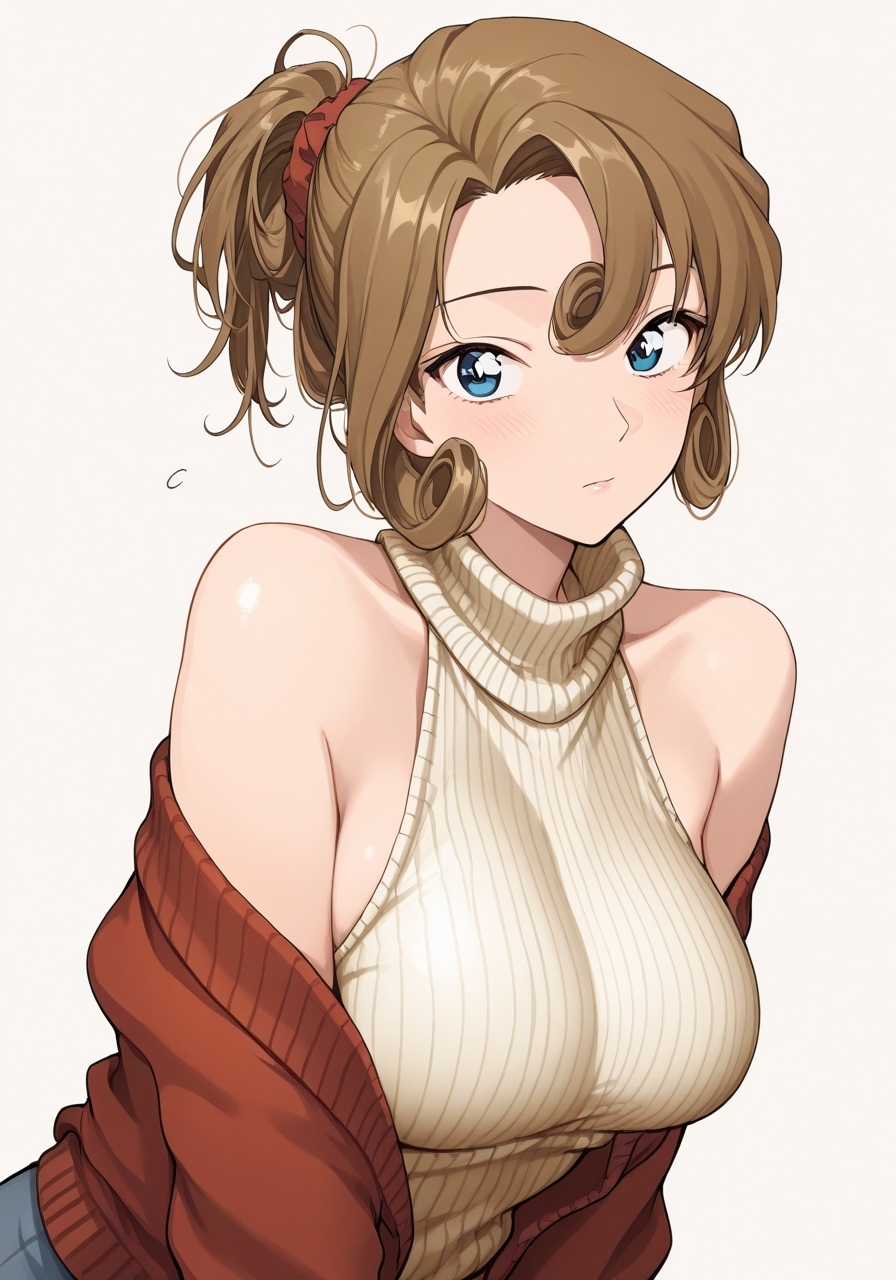 masterpiece, best quality, highres, simple background, looking at viewer, 
1girl, solo, kudo yukiko, blue eyes, tied hair, sweater, bare shoulders, 
 <lora:kudo_yukiko_il_v1:1>