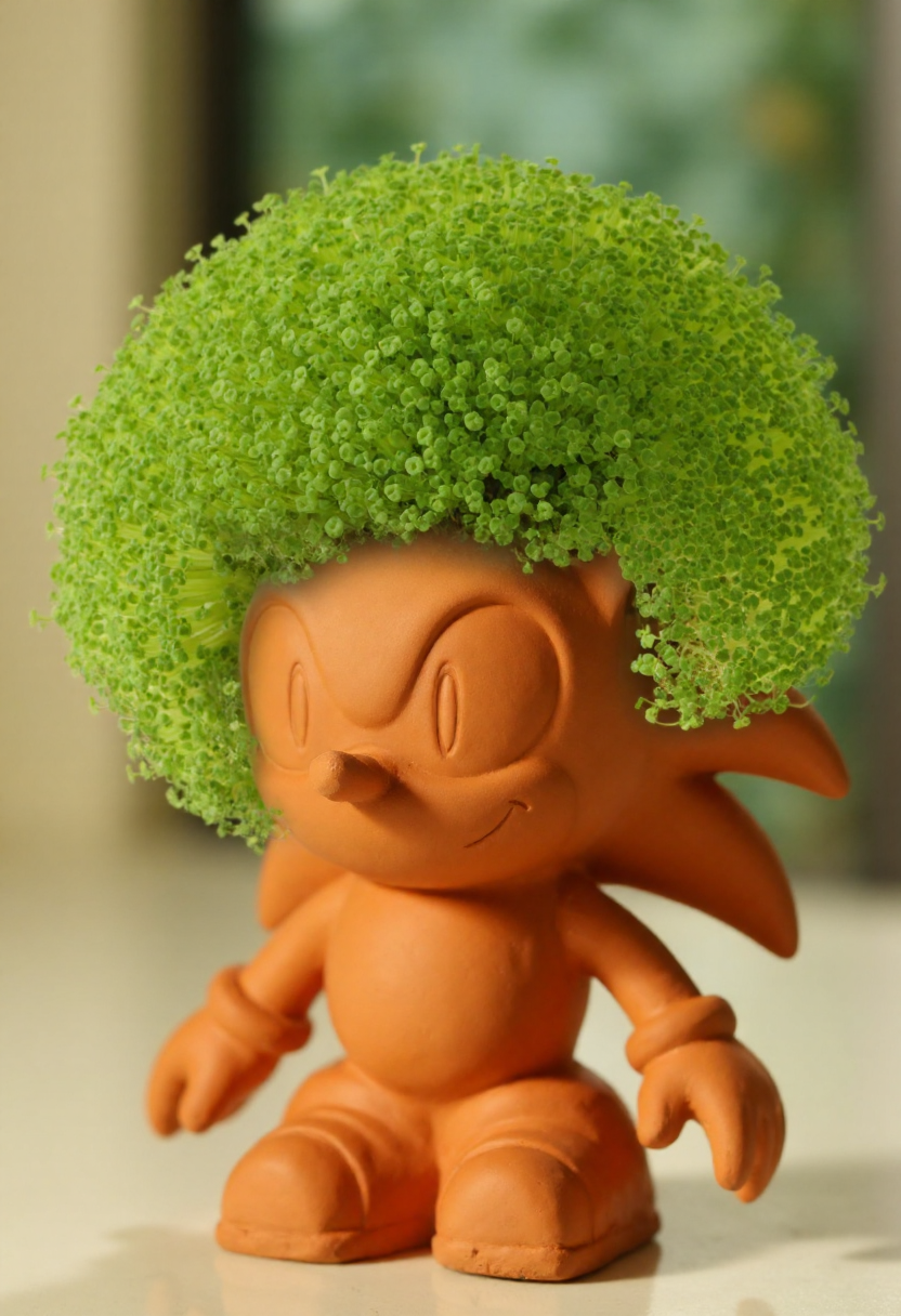 <lora:Chia_Pet_Planter_FLUX-000013:0.9>
Photograph of a terracotta clay Sonic the Hedgehog, adorned with a lush, vibrant green plant. It is is sitting on a table.